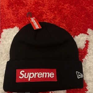 Supreme Black Knit Hat with Red Logo